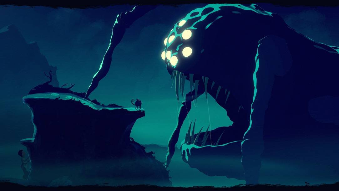 Mui is looking at a multi-eyes monster in a blue dark environment
